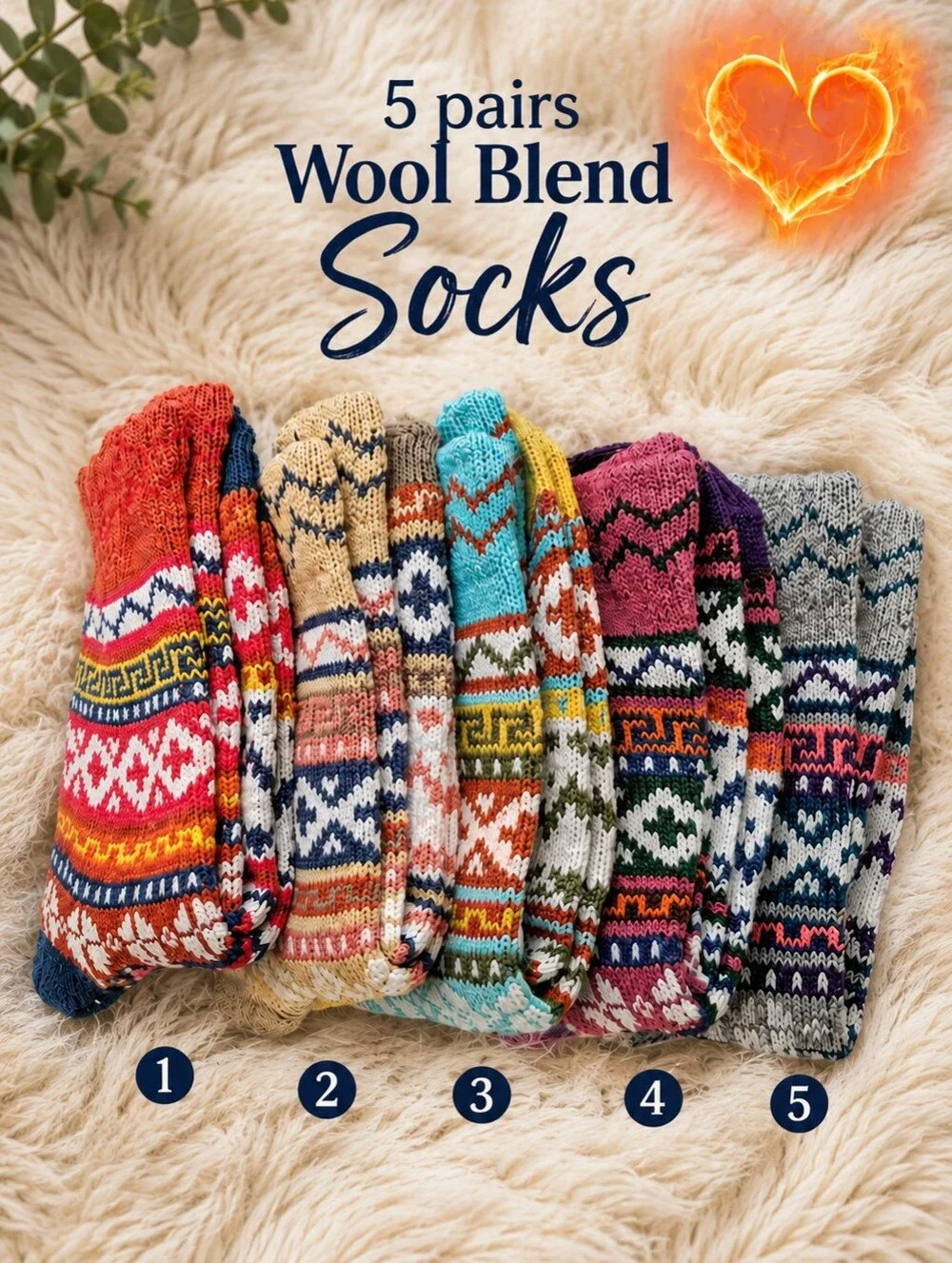 Fair Isle Pattern Wool Blend Patterned Crew Socks - Multicolor (5 Pairs)